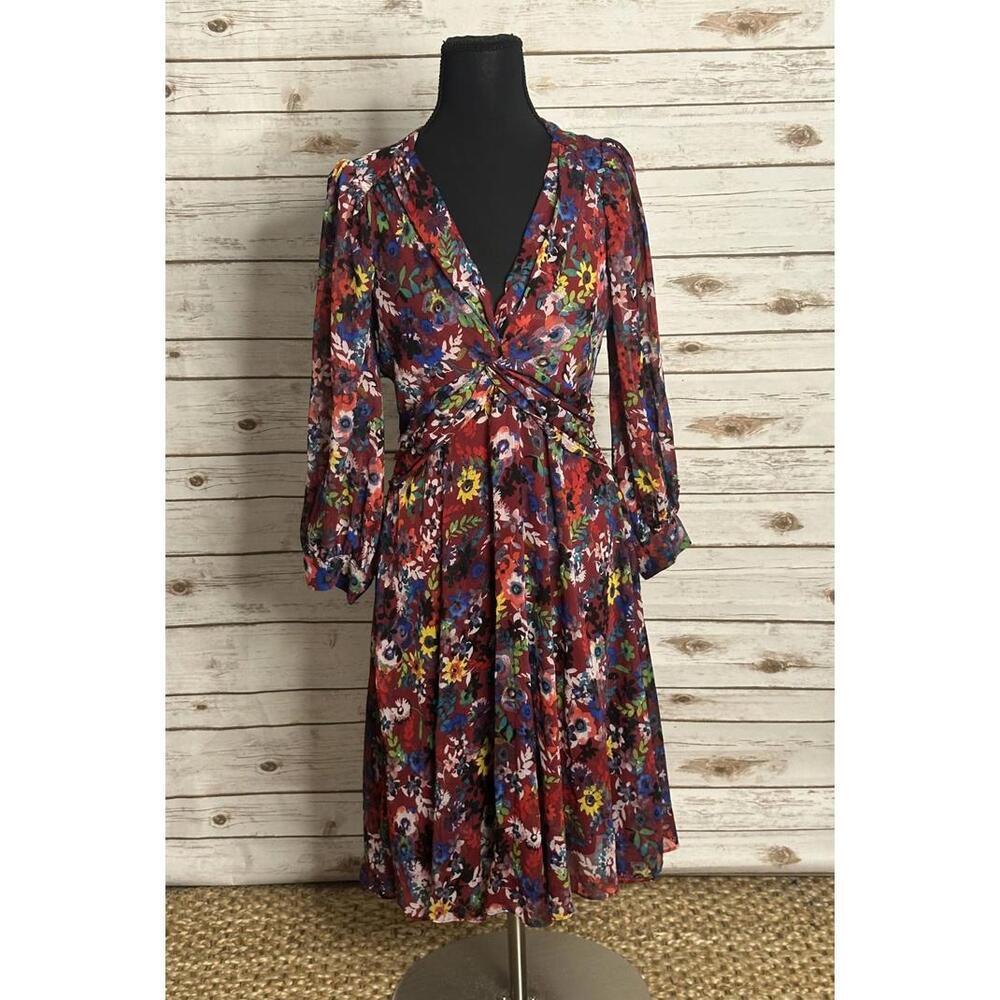Calvin Klein maroon/multicolored whimsical boho floral chiffon dress Size 6